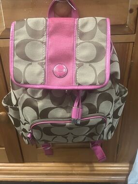 Coach Brown Signature Canvas Backpack with Pink Trim